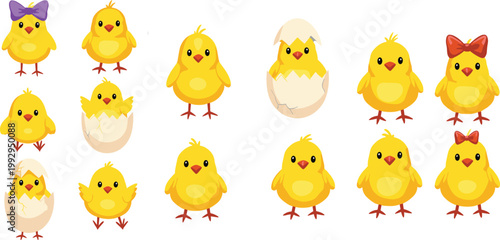Vector Set of Cute Yellow Baby Chicks, Easter Chickens, Eggs Hatching, and Chicks with Colorful Bows for Spring Celebrations
