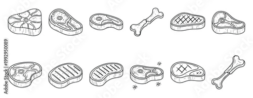 Hand drawn meat cuts and bones for butcher shop menus or cooking recipe book ingredients