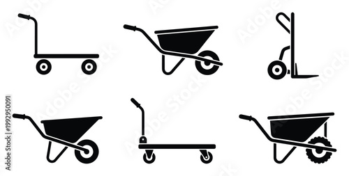 Collection of essential wheelbarrow and hand truck tool symbols for logistics, gardening, and construction projects.