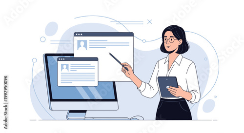 Woman presenting digital data on computer screen and tablet, illustration