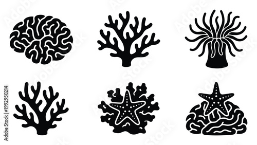 Graphic black symbols depicting various marine life forms like corals, sea anemone, and starfish for aquatic biology.
