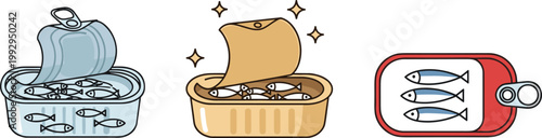 Set of Canned Fish with Opened Lids and Various Designs for Food, Packaging, and Seafood Illustrations