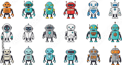 Cute retro robot characters vector set in flat style, colorful futuristic android collection for technology, AI, kids design and sci fi themes