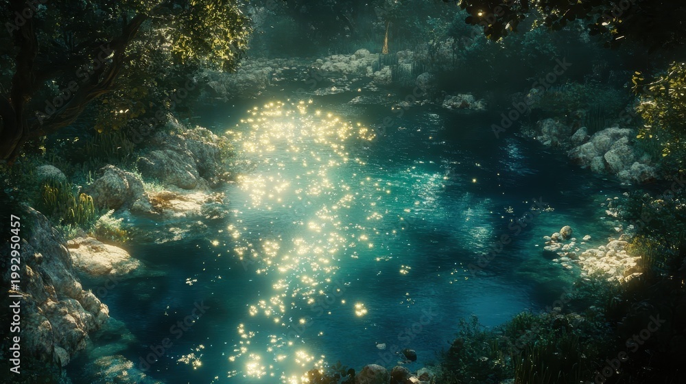 Fototapeta premium Sparkling Sunlight Dancing on a Serene Forest Lake Amidst Lush Green Trees