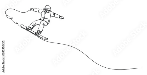 Continuous line drawing of a snowboarder carving down a slope for dynamic winter sports media