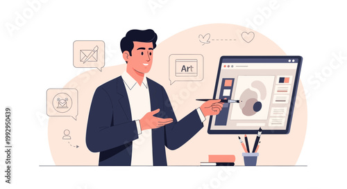 Graphic Designer Presenting Digital Art Project on Computer Screen