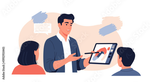 Graphic designer teaching digital art on tablet to students in modern office