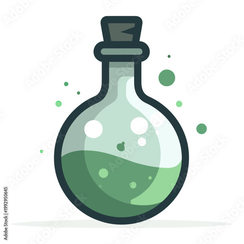Flat design of a round glass bottle with green liquid and bubbles, symbolizing potion, magic, or chemical experiment concept.