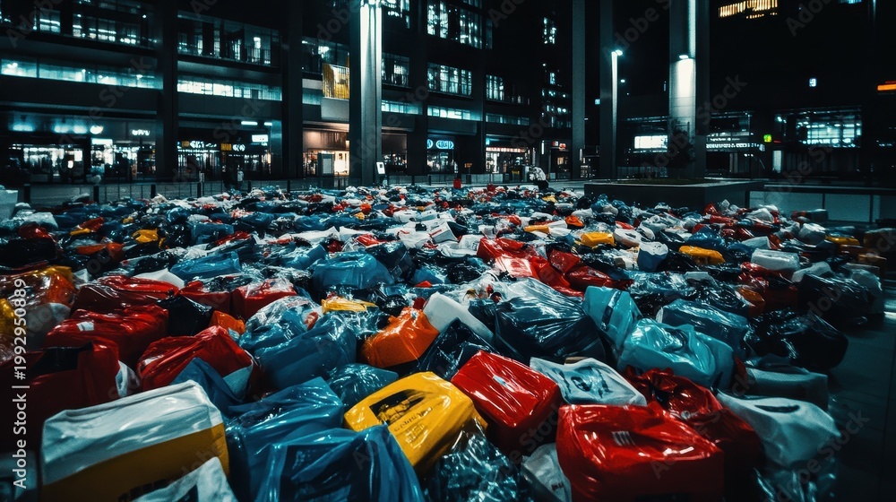 Fototapeta premium Massive Piles of Shopping Bags Litter a City Square at Night, Displaying Overconsumption and Waste