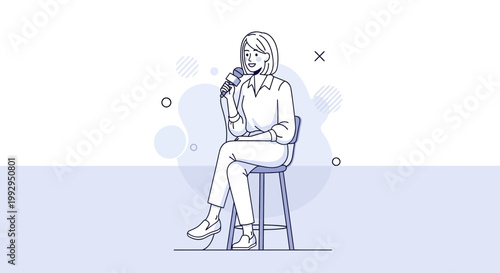 Woman Sitting on Stool Holding Microphone, Interview or Presentation