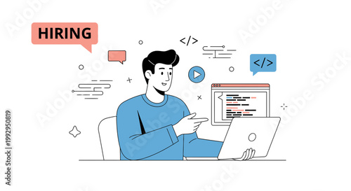 Hiring a programmer: man coding on laptop, hiring message, technology concept