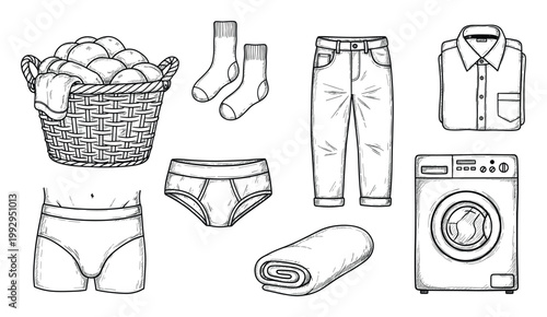 Collection of everyday apparel and laundry items for household chore and textile care themes