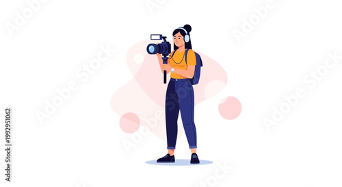 Woman videographer with camera and headphones filming, vector illustration