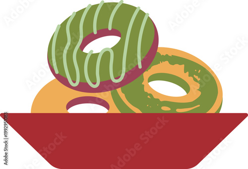 美味しそうに盛られた色鮮やかな抹茶ドーナツ・A colorful and delicious-looking assortment of matcha donuts.