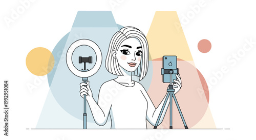 Woman Vlogger with Ring Light and Smartphone on Tripod, Creating Content