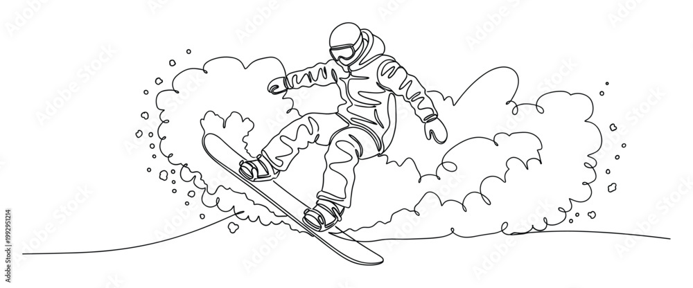Obraz premium Dynamic snowboarder in a continuous line drawing, kicking up powder snow, perfect for winter sports promotion