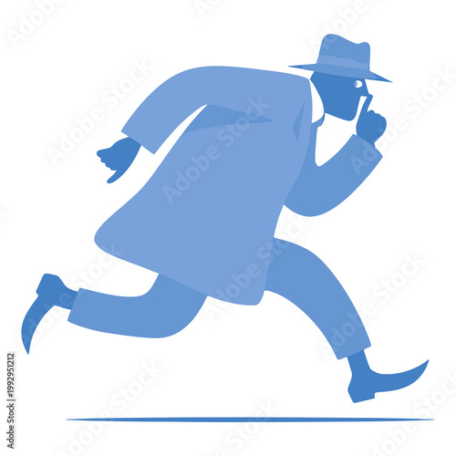 Blue Silhouette of Running Spy or Detective Character in Hat and Coat Dynamic Motion Minimal Flat Vector Illustration Isolated on Light Background