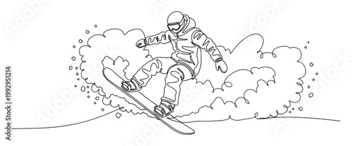 Dynamic snowboarder in a continuous line drawing, kicking up powder snow, perfect for winter sports promotion