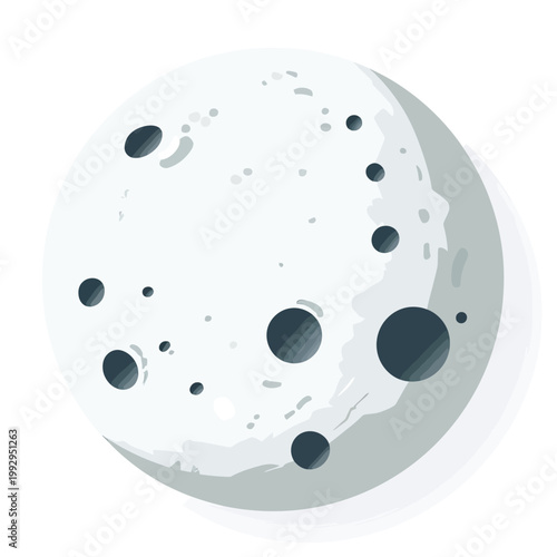 Gray moon with contrasting dark craters showing depth and texture, representing astronomy and celestial observation in flat style.