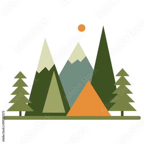 Simple mountain landscape with trees and camping tent, representing outdoor adventure, nature travel, and wilderness exploration themes.