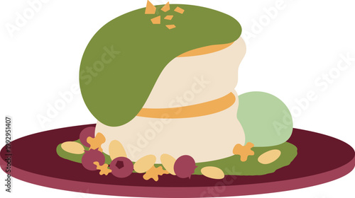 華やかな抹茶クリームのパンケーキ・Matcha cream pancakes topped with a colorful array of nuts and fruits.