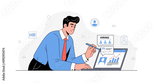 HR professional analyzes hiring data on laptop, digital illustration