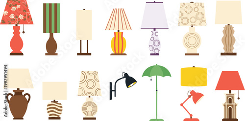 Set of Various Lamps Including Table, Desk, and Decorative Styles for Home, Interior, and Lighting Illustrations
