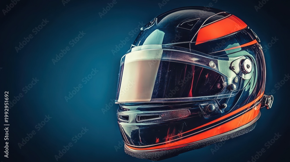 Fototapeta premium Sleek orange and black racing helmet with clear visor for ultimate protection and style.