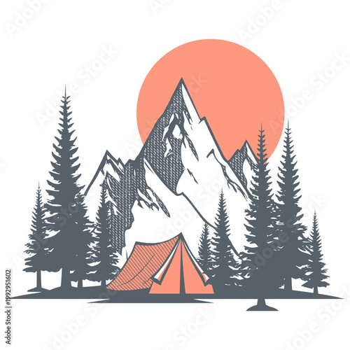 Stylized vintage mountain scene with tent and sunset, surrounded by trees, representing outdoor adventure and retro travel design.