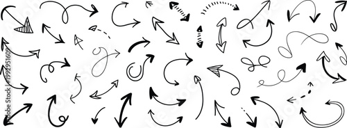 Assortment of Hand Drawn Black Arrows and Swirls on a White Background doodle sketch