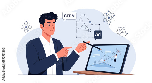 Male teacher explaining STEM concepts with digital presentation and atomic models