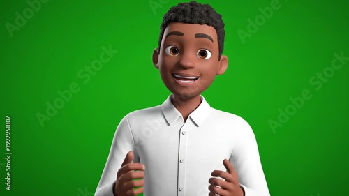 A simple and clean 3D animated male avatar in a white shirt, presented on a green screen background. Great for presentations, explainer videos, or corporate animations.