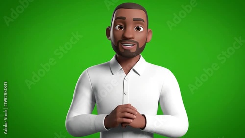 A simple and clean 3D animated male avatar in a white shirt, presented on a green screen background. Great for presentations, explainer videos, or corporate animations.