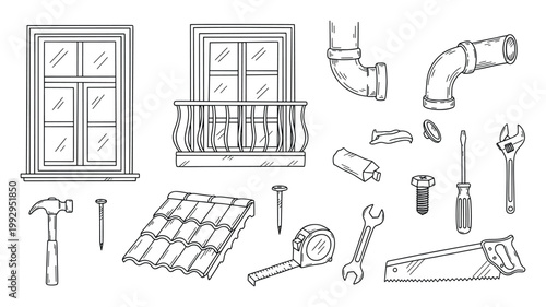 Assorted outline icons of essential construction tools and building components perfect for home repair guides and DIY project resources