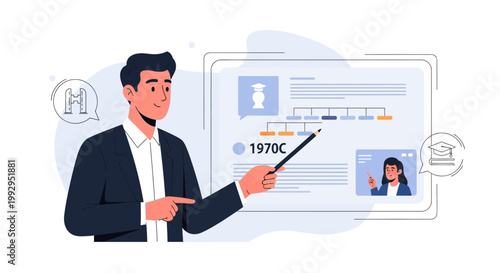 Male teacher presenting online class, pointing at digital presentation with timeline and student video