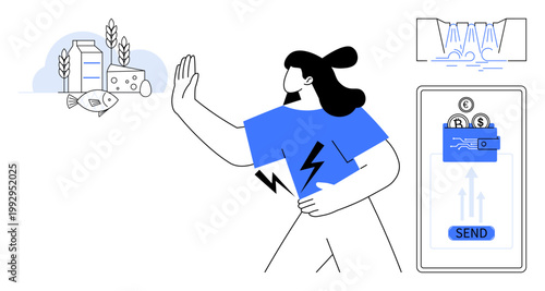 Healthy lifestyle, food habits, economic decisions, financial literacy, sustainability, wellness. A woman gesturing against food with money on a phone. Healthy lifestyle and food habits concepts