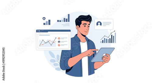 Man Analyzing Financial Data on Tablet with Charts and Graphs
