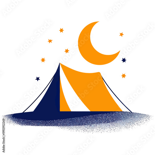 Minimal illustration of an orange tent with stars and crescent moon, symbolizing outdoor camping, travel and peaceful night scenery.