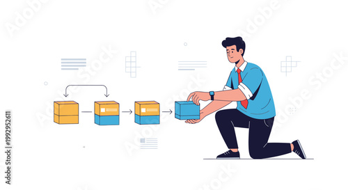 Man building workflow with blocks, business process, strategy, planning, project management