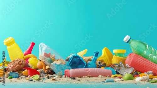 Vibrant plastic pollution scattered across a sandy beach with clear blue water and sky