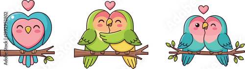 Set of Cute Cartoon Lovebirds with Heart-Shaped Faces for Romance, Animal, and Valentine Illustrations