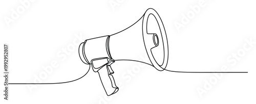 Continuous line drawing of a megaphone symbolizing communication and public announcement for marketing and protest concepts