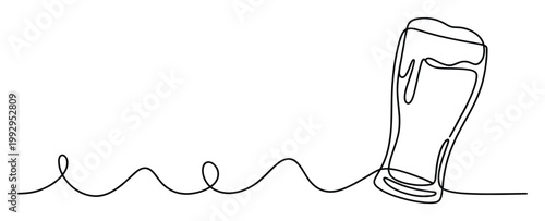 Continuous line drawing of a glass of foamy beer, perfect for beverage branding and celebration graphics