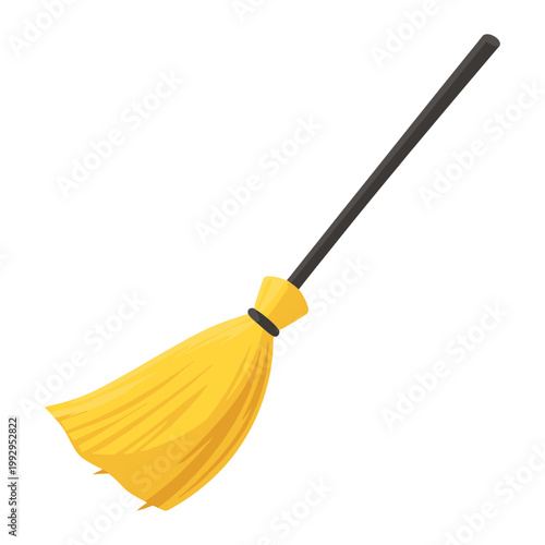 Bright Yellow Cleaning Broom with Black Handle Household Tool Minimal Flat Vector Illustration Isolated on Light Background