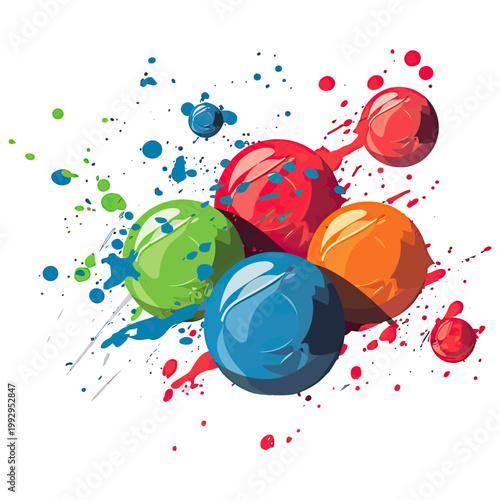 Colorful round shapes collide with liquid splashes forming a lively abstract artwork full of motion and bold contrast.