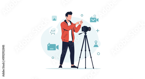 Man filming with camera on tripod, vlogger, content creator, video production, online streaming
