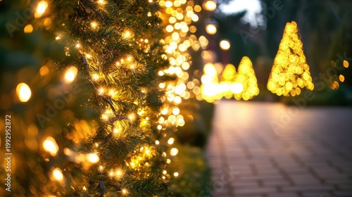 Warm golden Christmas lights glowing softly on a tree-lined street creating a festive holiday sparkle at night