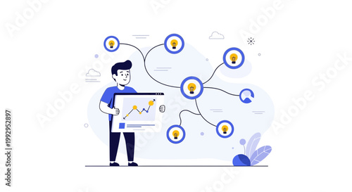 Man holding chart showing growth, connected to ideas and innovation