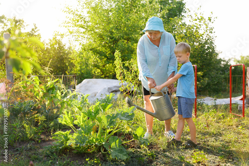 Grandmother and grandson watering garden plants together.