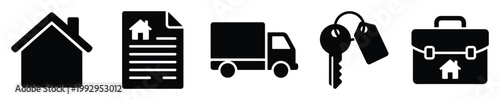Real estate and relocation icons depicting home ownership, property contracts, moving, keys, and housing services.